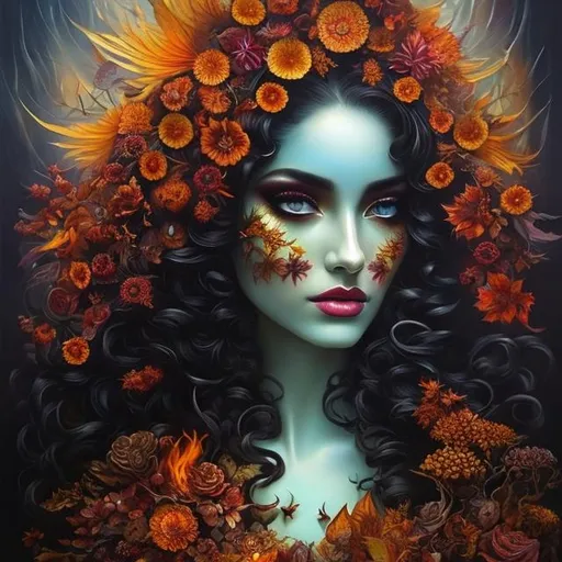 Prompt: Beautiful  hybrid woman with marihuana sprouting from her, oil painting, detailed fiery eyes, ethereal glow, dark and mysterious, high quality, vibrant colors, surreal, haunting, intricate canabis details, intense gaze, mystical atmosphere, oil painting, demon, hybrid, fiery eyes, ethereal, vibrant colors, surreal, haunting, canabis details, intense gaze, mystical atmosphere