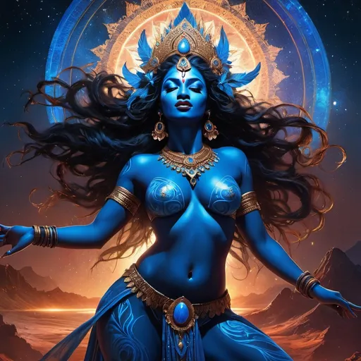 Prompt: (FULL BODY, CURVY FIGURE) god kali blue skin opened mouth and long tonge, Contrast the background to enhance kali and all her 6 arms illustration by Marc Simonetti Carne Griffiths, dance, while also showcasing his divine grace and beauty, The background should feature a cosmic landscape with stars and galaxies, Use bold, vibrant colors for GOD KALI's clothing and accessories, Conrad Roset, Full HD render + immense detail + dramatic lighting + well lit + fine | ultra - detailed realism, full body art, lighting, high - quality, engraved, ((photorealistic)), ((hyperrealistic)), ((perfect eyes)), ((perfect skin)), ((perfect hair)), ((perfect shadow)), ((perfect light))