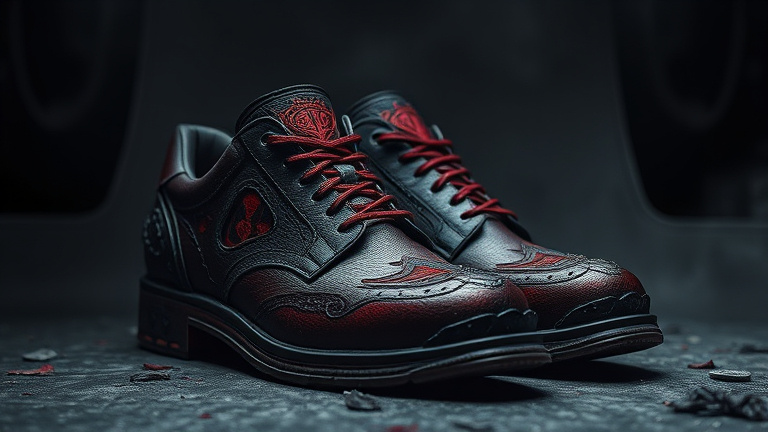 Prompt: (dark fantasy shoes), emphasizing (gothic elements), with intricate detailing, embellished with (plated steel accents), textured leather, featuring ominous motifs, showcasing a brutal aesthetic, surrounded by a shadowy background, invoking a mystical atmosphere, rich deep colors (blood red, pitch black), conjuring a dramatic and fierce vibe, ultra-detailed, striking lighting that highlights the shoes. 