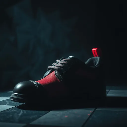 Prompt: (8k resolution), (sharp focus), dark and evil diablo style ambiance, professional lighting, dark black and striking red shoes as the central element, dramatic shadows, intense color contrast, ominous atmosphere, foreboding background, sleek and sinister composition, high detail in textures, cinematic depth.