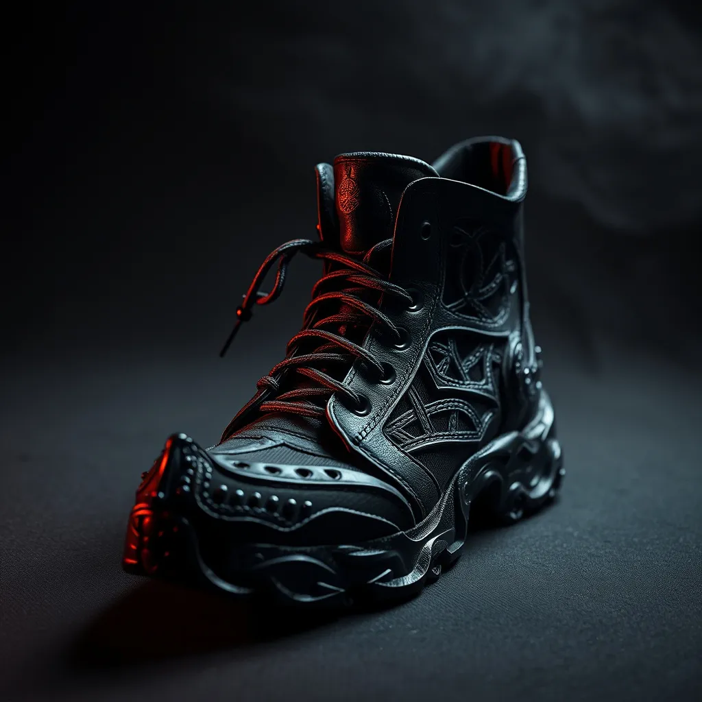 Prompt: (evil and diable style shoes), dark and edgy design, intricate detailing, ominous textures, high-fashion aesthetics, modern materials, professional lighting casting shadows, striking backdrop enhancing the shoes' features, stunning visual impact, ultra-detailed, 8K resolution, dramatic ambiance, captivating allure, bold color contrasts.