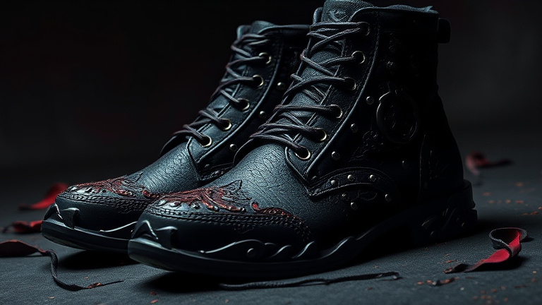 Prompt: (dark fantasy shoes), emphasizing (gothic elements), with intricate detailing, embellished with (plated steel accents), textured leather, featuring ominous motifs, showcasing a brutal aesthetic, surrounded by a shadowy background, invoking a mystical atmosphere, rich deep colors (blood red, pitch black), conjuring a dramatic and fierce vibe, ultra-detailed, striking lighting that highlights the shoes. 