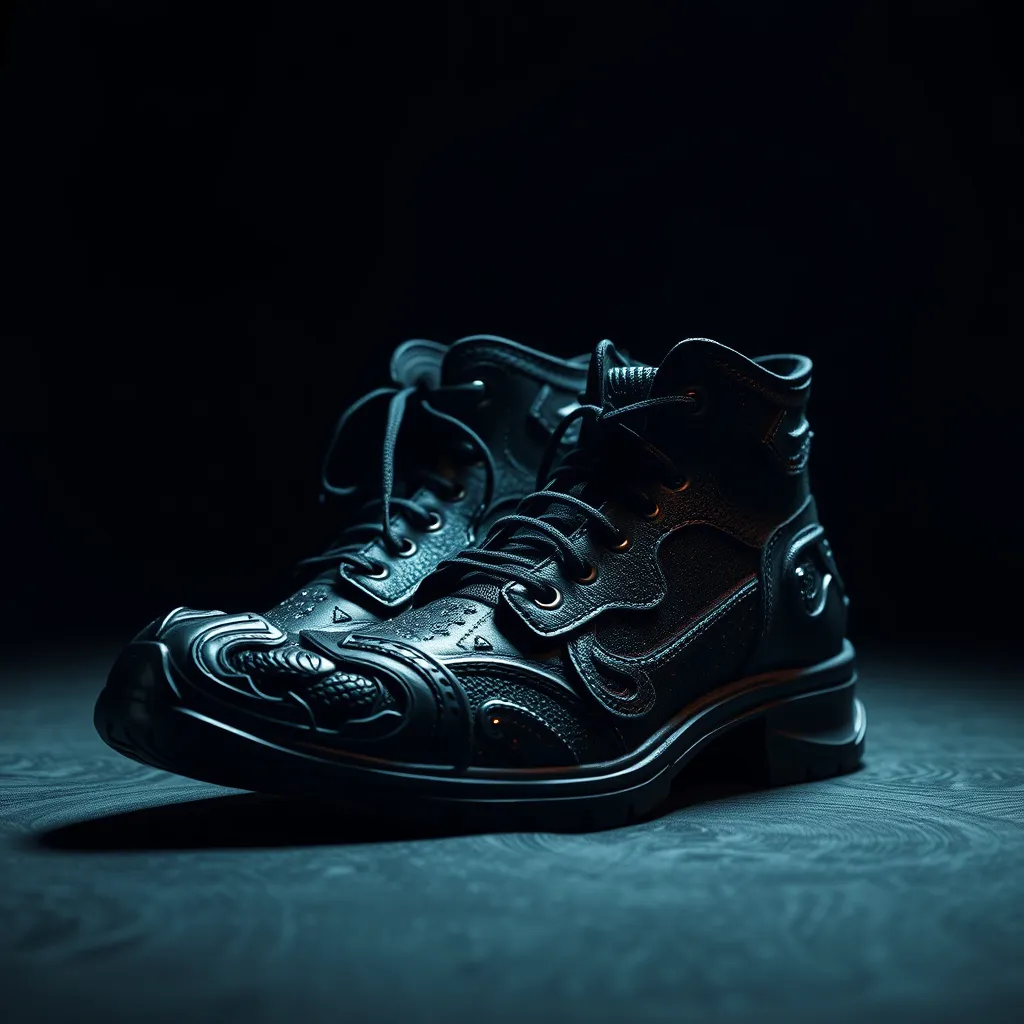 Prompt: (evil and diable style shoes), dark and edgy design, intricate detailing, ominous textures, high-fashion aesthetics, modern materials, professional lighting casting shadows, striking backdrop enhancing the shoes' features, stunning visual impact, ultra-detailed, 8K resolution, dramatic ambiance, captivating allure, bold color contrasts.