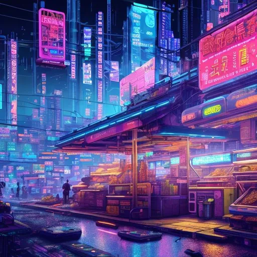 Prompt: Cyberpunk city scene with futuristic food stand, vibrant neon lights, holographic menu displays, bustling crowd, high-tech food preparation, detailed urban environment, 4k, ultra-detailed, cyberpunk, futuristic, bustling, neon lights, holographic, high-tech, vibrant, urban environment, food stand, professional, atmospheric lighting