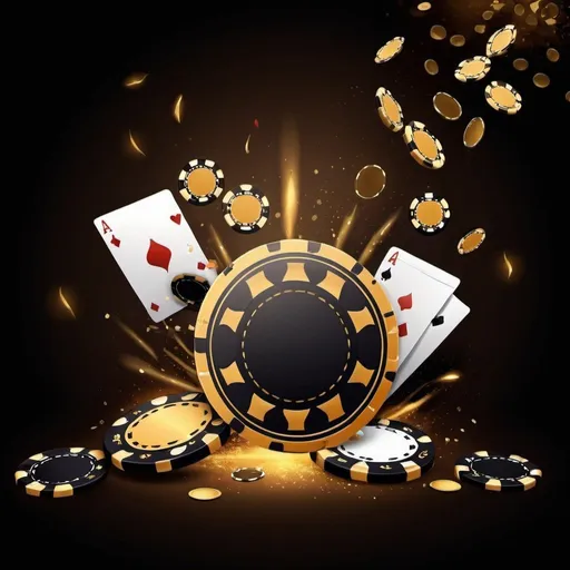 Prompt: Create a background with poker theme in a dark and golden colors with poker chips and cards flying over