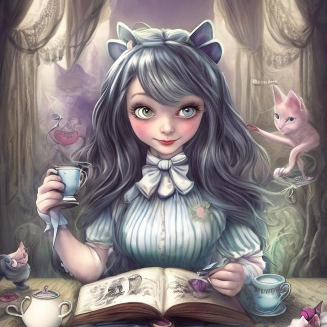 Prompt: make  alice from alicein the wonderland themed reading a book and drinking tea
with a black cat 

