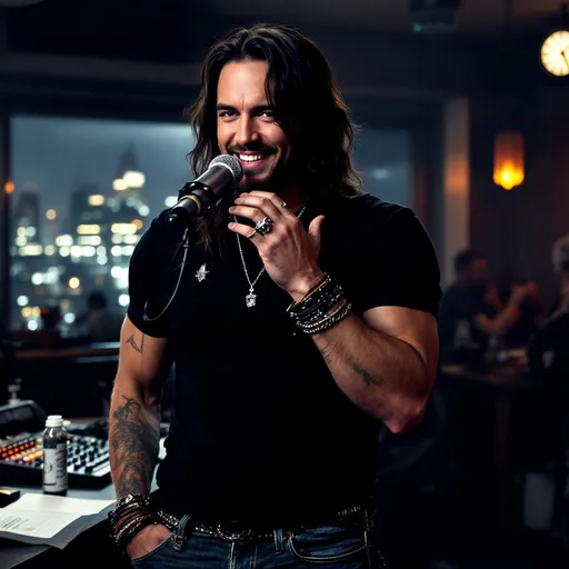 Prompt: O personagem Mr.Rock é um cara de 30 anos, 1.80m, cabelos grande, castanho escuro nos ombros que trabalha numa rádio e também canta numa banda de rock. Usa camisetas de banda, calças justas ou bermudas. Sempre usa pulseiras e anéis. Gosta também de colares, tudo na linha de um rock star. Gostaria de ter imagens diferentes uma dele na rádio apresentando um programa de rádio e outra dele num bar onde ele vai tocar com a sua banda. 