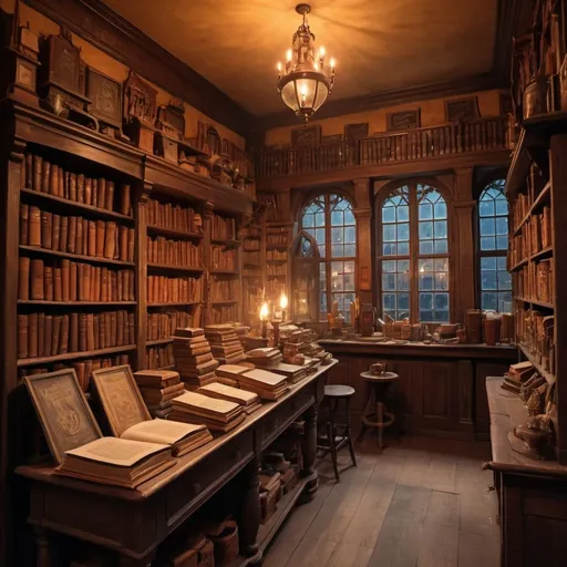 Prompt: Harry Potter, Magic, Old store with books, Writing paper, counter, Feathers and inkpots, quills , dusty, Cozy. Messy. Cuckoo clock on the wall, warm color grading, colored glass, windows, no humans