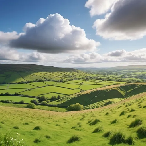 Prompt: (Scenic landscape of Ireland), lush (green fields) illuminated by bright (sunshine), vibrant (blue sky) with soft, fluffy (white clouds), crisp atmosphere, serene and peaceful vibe, intricate textures of grass, distant rolling hills, detailed foliage, high quality (4K) resolution, warm and inviting ambiance, a composition that celebrates the beauty of nature.