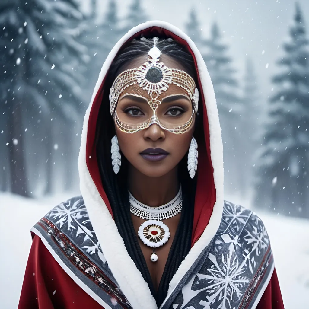 Prompt: DamShelma's art capturing an awe-inspiring lady donning traditional African voodoo mask, encircled by a mystical snowfall in wintertime, snowy backdrop, voodoo mask intricate patterns, cold climate, heavy snowflakes drifting down, masked face mystery and enchantment, magic realism style, snowy landscape, winter chill, ethereal beauty, contrasting elements- tropical mask, frosty environment, enhanced detail, vivid colors, eerie allure, digitally rendered, aesthetics of intrigue, (high-quality 4K ultra-detailed image).