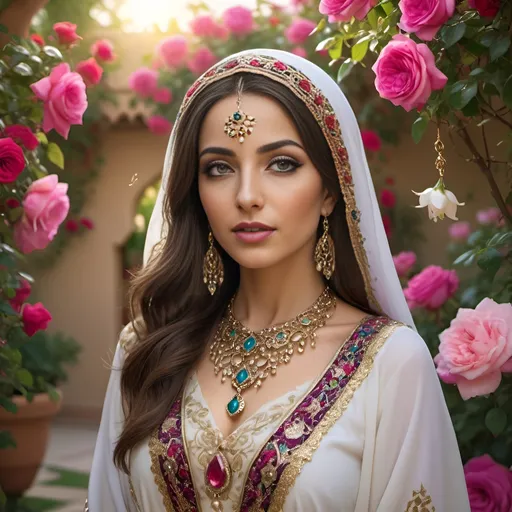 Prompt: (Arabic woman in traditional clothing), standing gracefully in a (vibrant garden), surrounded by blooming roses and fragrant jasmine, impeccable studio lighting enhances the (intricate jewelry details), showcasing her captivating (eye colors) and (hair texture), luxuriously rich hues, inviting atmosphere, enchanting ambiance, focus on vibrant natural surroundings, (high-quality 4K ultra-detailed image).