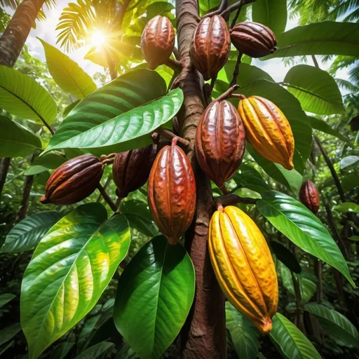 Prompt: vibrant cocoa bean tree and branches