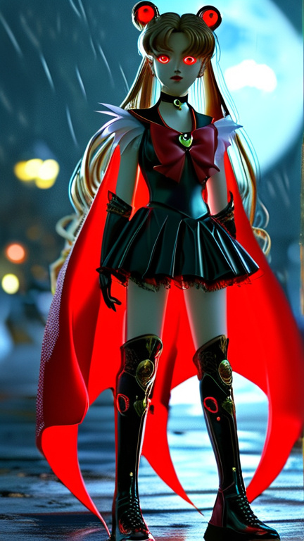 Prompt: In the dark night a hero has fallen and has awaken but she is different, sailor moon has become a vampire her sailor uniform is now shiney black patent leather with red patent leather skirt, her boots are now like over the knee high heel boots. Her opera lenght gloves are black patent leather.  also wearing a patent leather vampire cape with the collar up and her eyes glowing red and she has red lips. With a red moon rising