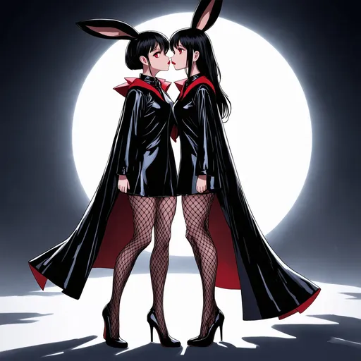 Prompt: Two Asian female vampire dressed as bunny. 1 has short hair and the second vampire has has long hair, The bunny's outfit is black patten leather, vampire cape with the collor up and the cape and is floor lenght with red lining. fishnet stocking with over knee high heel boot.Eyes are red and lips.out in the moonlight toghter kissing each other 