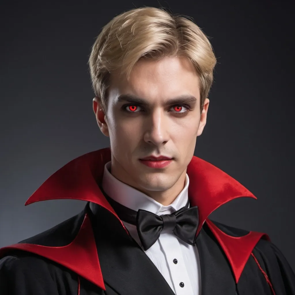 Prompt: a causian male with short blond brown hair wearing a tuxedo and vampire cape black with red lineing and red eyes  and long fangs. 