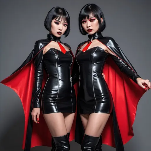 Prompt: 2 female asian Vampire dressed in a short black and red  patent leather short dresses wearing thight high heel boots, wearing a black Vampire cape with red lineing and has stand up collar, short hair cut with fangs showing and red eyes long nails red holding each other tightly together 