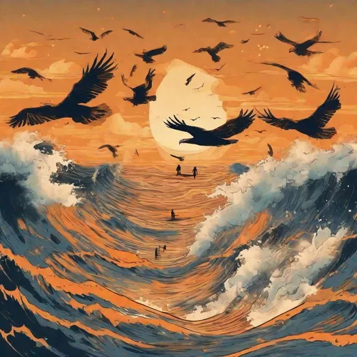 Prompt: Beach with a lot of orange Water waves and people surfing. Books floating in the waves. Sunset background with eagles flying in the sky.