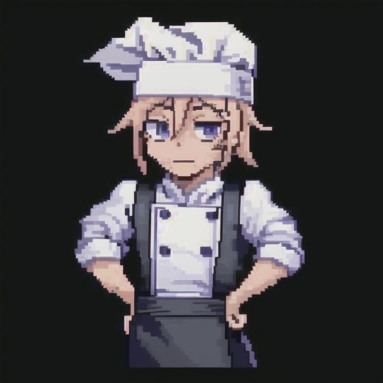 Prompt: pixel art 2d game character, chef, handsome and young, game sprite, 32x32 pixel art, white shirt, white background