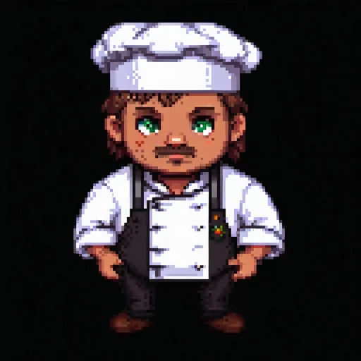Prompt: pixel art 2d game character, chef, handsome and young, game sprite, 32x32 pixel art, white shirt, white background, side view
