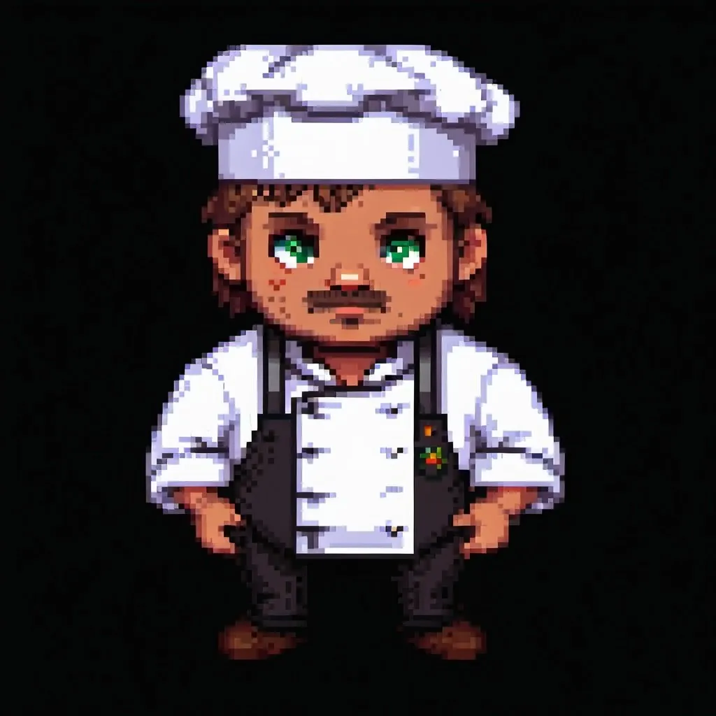 Prompt: pixel art 2d game character, chef, handsome and young, game sprite, 32x32 pixel art, white shirt, white background, side view