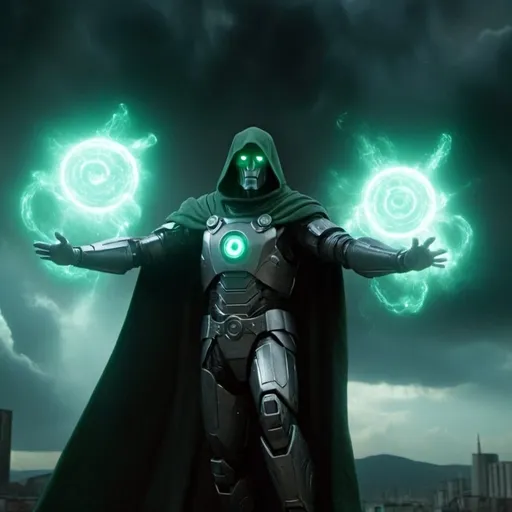 Prompt: Robert Downey Jr dressed as the comic character Dr. Doom from fantastic 4. Dark clouds in the background. Army of robots in the background. Villainous aura with fiery green glowing hands 