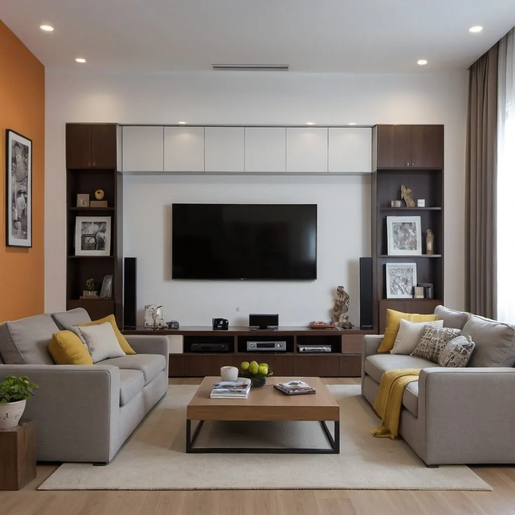 Prompt: real living room in modern design show the Tv unit, sofas, art work on the wall 