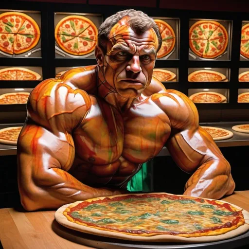 Prompt: 6' 5" sweating body builder harry sisyphus at a Pizza Hut cut table with 1,000,000 pizzas coming out of a conveyor oven on  halloween night with 200 middle school girls looking exasperated while waiting for her gluten free spinach topping with sugar free garlic sauce.