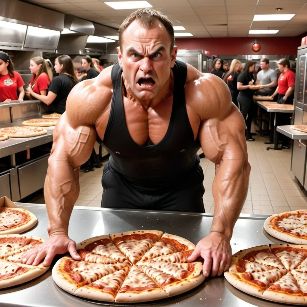 Prompt: 6' 5" sweating body builder harry sisyphus at a Pizza Hut cut table with 1,000,000 pizzas coming out of a conveyor oven on  halloween night with 200 middle school girls looking exasperated while waiting for her gluten free spinach topping with sugar free garlic sauce.