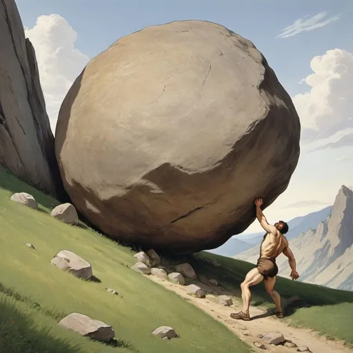 Prompt: sisyphus  pushing a boulder up a steep grassy hill

