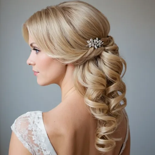 Prompt: eine frau ,lange Haare, blond Hochzeit
,hochsteckfriseur, foto qualität, 
klarheit hoh,