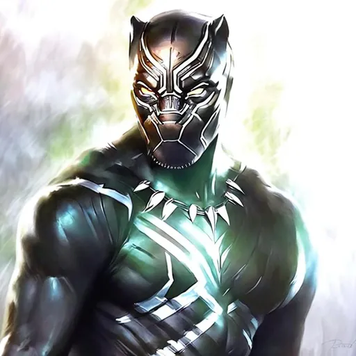 Prompt: Black Panther in the jungle, realistic digital painting, striking eyes, intense gaze, powerful stance, detailed fur with highlights, mysterious atmosphere, vibrant greens, high quality, realistic, detailed, jungle, powerful, intense gaze, vibrant colors, atmospheric lighting