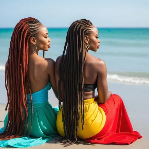 Prompt:  African American women with  long  beautiful locs sitting on the beach styling  each other's hair wearing royal red, green, black, and yellow  on a beachside with beautiful light blue water 