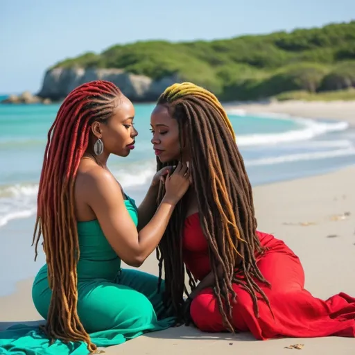 Prompt:  African American women with  long  beautiful locs sitting on the beach styling  each other's hair wearing royal red, green, black, and yellow  on a beachside with beautiful light blue water 