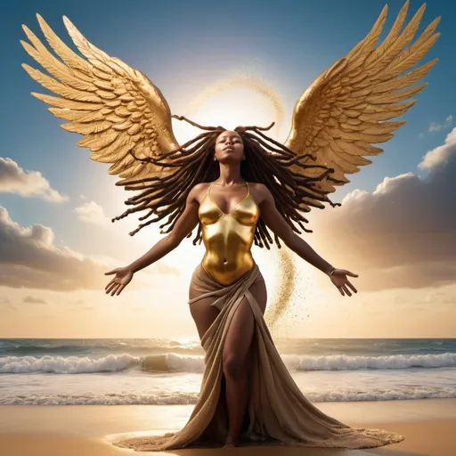 Prompt: big hourglass leaking sand into a huge ocean with a beautiful African American woman with long locs standing over it with huge golden wings praising lifting hands torwards heaven 