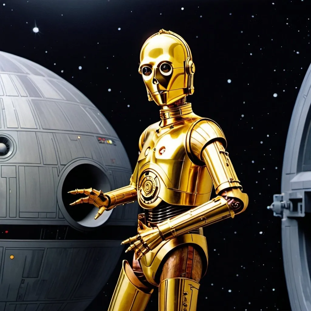 Prompt: c3po ridding the death star 