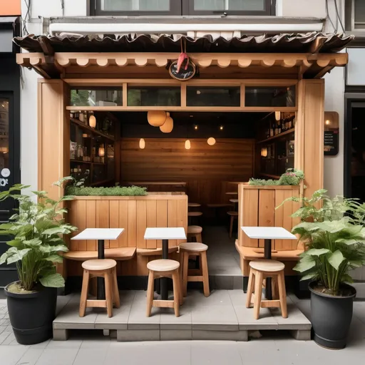 Prompt: A front view of a small restaurant with a 6-square-meter outdoor seating area in front. This space is enclosed with a prominent, waist-high wooden border around all sides except for a small opening as an entrance. Inside, there are two or three small tables (like wine barrels) with stools for seating. The border has decorative plants placed along its top edge to add greenery, and warm string lights are hung above for ambiance. The wooden border should clearly frame and define the seating area, creating a cozy, enclosed feel that stands out from the sidewalk.