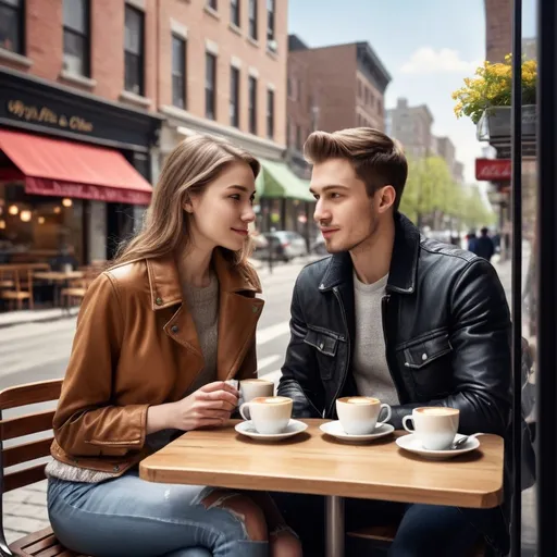 Prompt: Photorealistic, highly detailed, young couple, coffee shop, sitting by a window at a raised table, drinking Coffee, pastry on plate, busy downtown street, spring weather, cityscape, detailed clothing, realistic textures