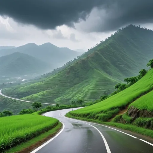 Prompt: hill terrain, cloudy, rainy season, best scenic view, realistic, long shot, greenery, road along the hills