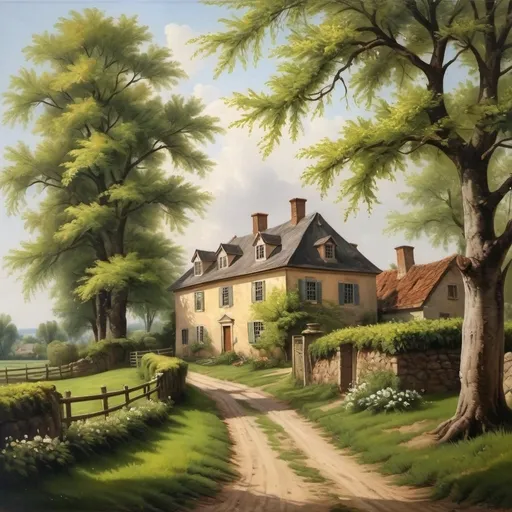 Prompt: Countryside, 18th century homes, spring season, realistic, trees and bushes, oil painting , high quality