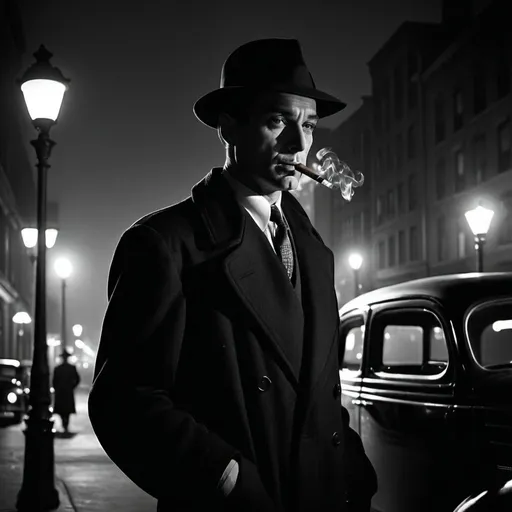 Prompt: dim, night film noir photography, Detective, 1940s, smoking cigar, city background, black coat and hat, shadows, vintage street lamp, limousine