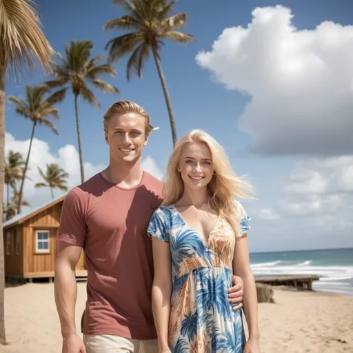 Prompt:  beach, couple, blonde woman, blue eyes, high cheekbone, cute smile, early 30's, athletic man, thick straight hair, late 30's, beach dress, bright sunny day, clouds, sun, people enjoying at the background, surfers, impeccable, realistic, wooden cabins, palm trees, medium shot