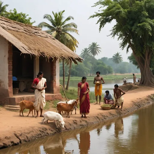 Prompt: Set in the 18th century, a South Indian village on the riverbank with bunch of people doing chores, their clothing should be authentic and accurate. with some domestic animals