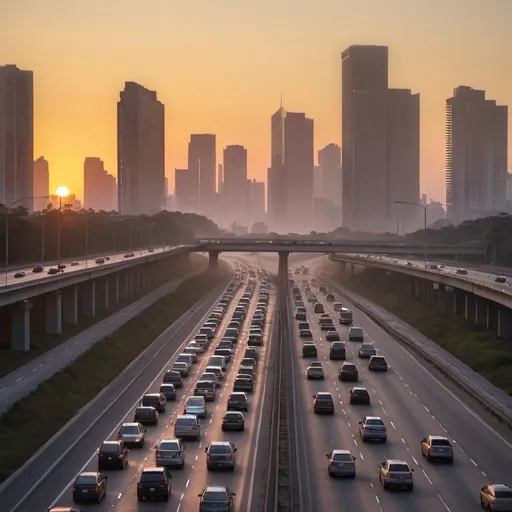 Prompt: busy highway, tall buildings on both sides, sunrise, early morning