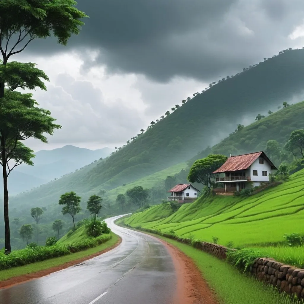 Prompt: hill terrain, cloudy, rainy season, best scenic view, realistic, long shot, greenery, road along the hills, tall trees, cottage on the hindsight