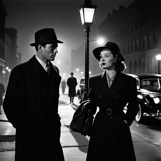 Prompt: dim, night film noir photography, Detective, 1940s, couple, city background, black coat and hat, shadows, vintage street lamp, limousine