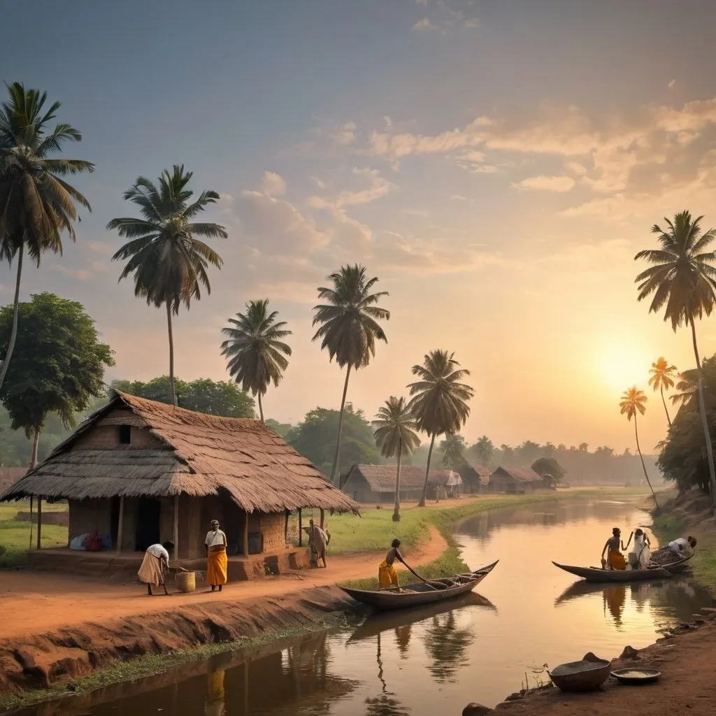 Prompt: Set in the 18th century, a South Indian village on the riverbank with bunch of people doing chores, their clothing should be authentic and accurate. with some domestic animals
