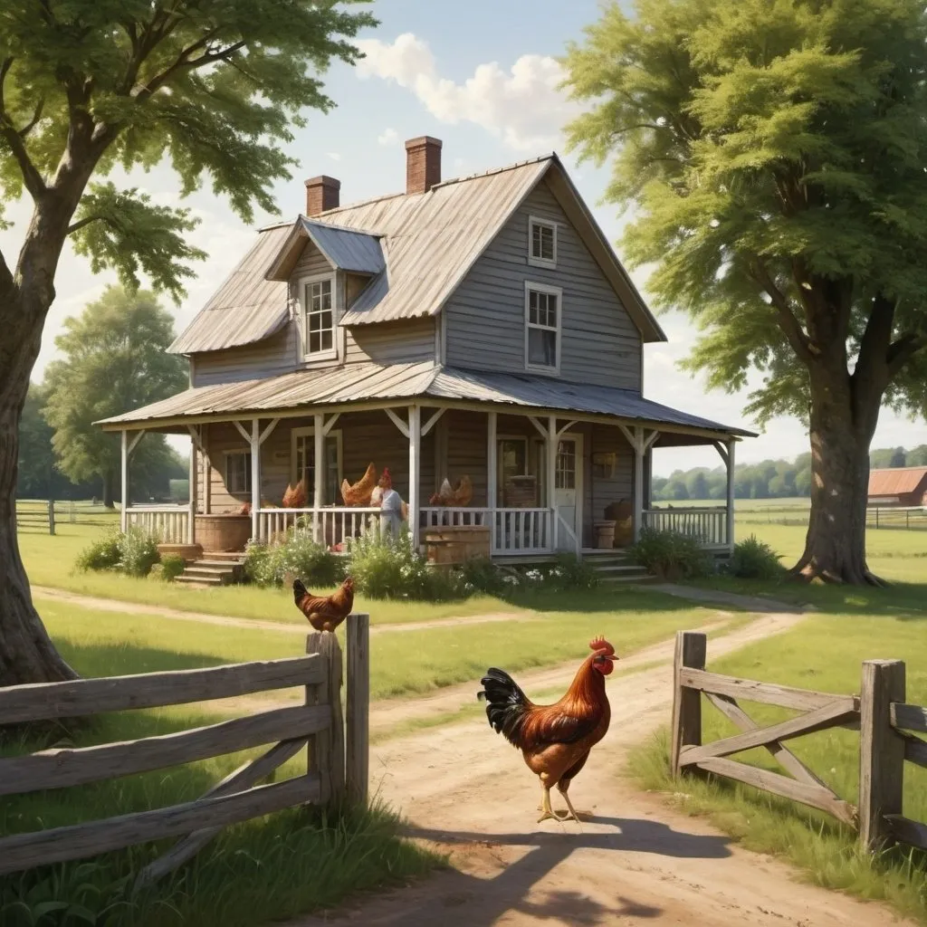 Prompt: Countryside, farmland, house, beautiful porch, fence, chicken coop, farm animals,  aged 50's man, summer afternoon, tree, realistic