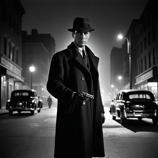 Prompt: dim, night film noir photography, Detective, 1950s, holding revolver, city background, black coat and hat, shadows, limousine, vintage street lamp 