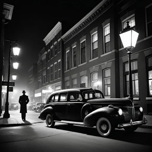 Prompt: dim, night film noir photography, Dutch angle shot,1940s, Victorian style buildings, city background,  shadows, vintage street lamp, limousine taxi