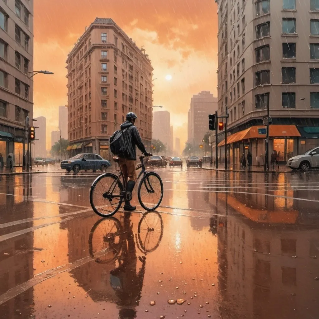 Prompt: after rain, droplets on the ground, person on a bicycle standing at the traffic lights, orangish sky, tall buildings at hindsight, fine tune, make it realistic